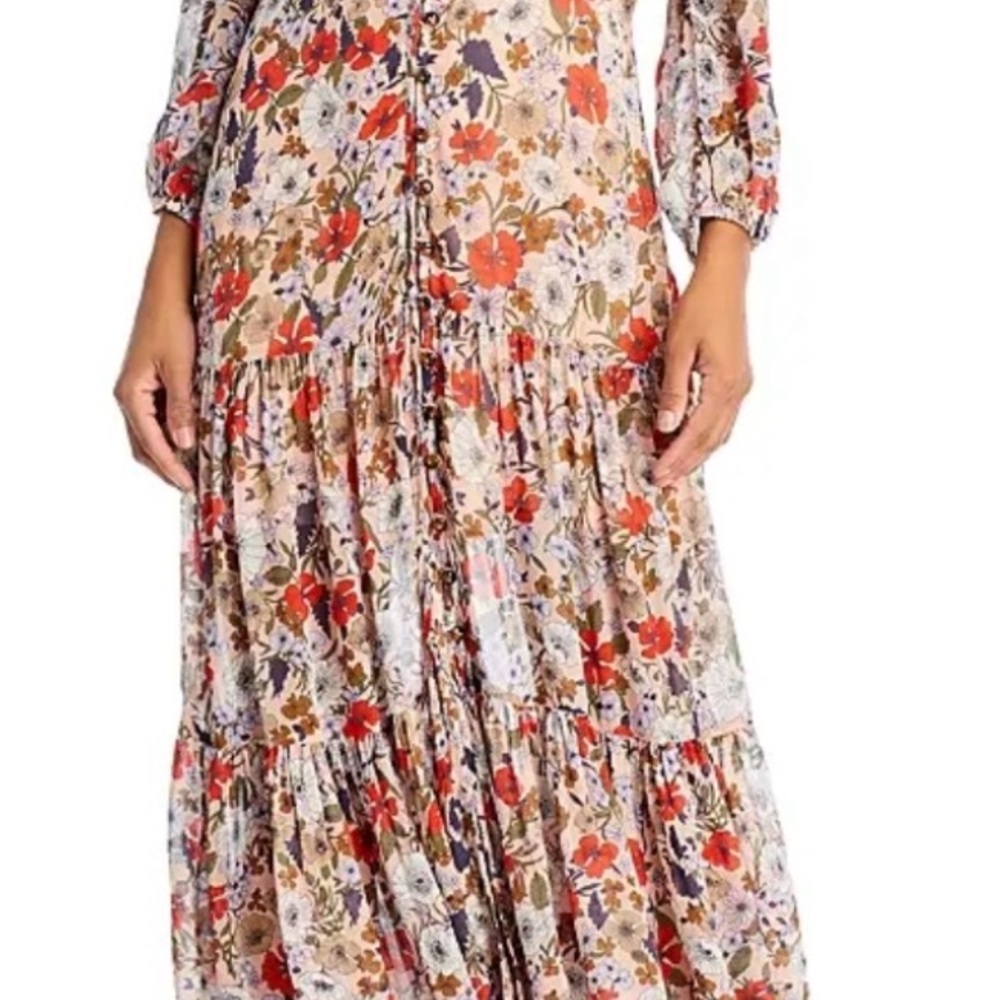 Veronica Beard Beige Floral Maxi Dress with Red & Green Accents